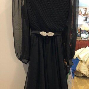 Vintage Black Pleated Chiffon Full Skirt Dress Sheer Sleeves & Rhinestone Belt